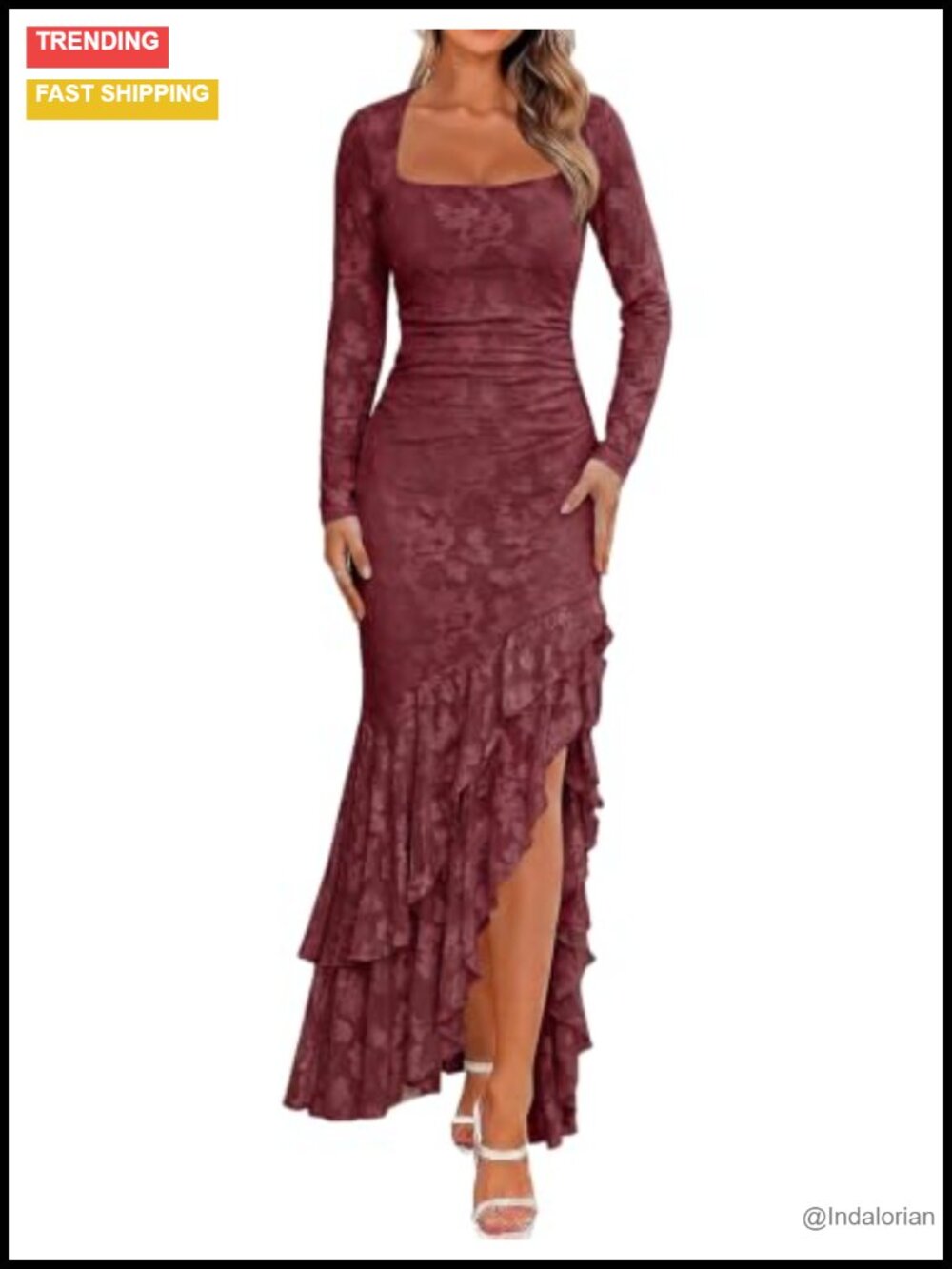 Women's Long Sleeve Maxi Dress Mesh Ruffle High Slit Formal Wedding Guest